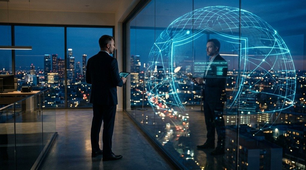 Continuous monitoring security center with holographic threat intelligence shield